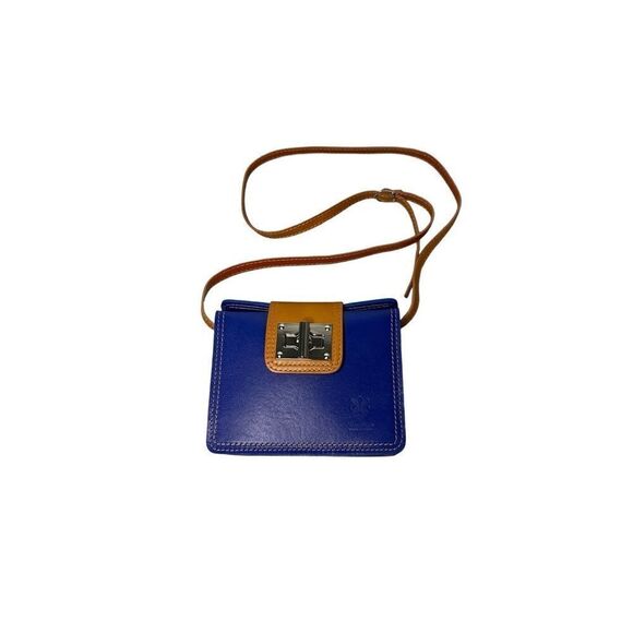 Vera Pelle Leather Fold Over Closure Mini Crossbody Royal Blue And Tan - Picture 1 of 5